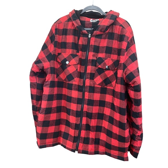 RQQBA Mens XXL Red Black Buffalo Plaid Hooded Full Zip Flannel Shirt Jacket - Picture 2 of 10
